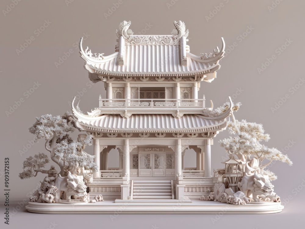 Intricately Designed Traditional Asian Architecture Model Displayed Against a Simple Background Intricately Designed Traditional Asian Architecture Model Displayed Against a Simple Background