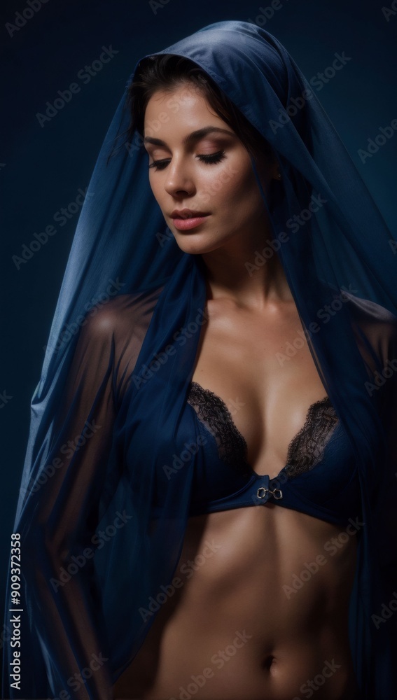 A portrait of a young woman with long dark hair, wearing a dark blue veil covering her head and shoulders. She is standing in front of a dark background, with her body slightly turned to the side. A portrait of a young woman with long dark hair, wearing a dark blue veil covering her head and shoulders. She is standing in front of a dark background, with her body slightly turned to the side.
