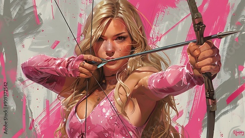 Focused Female Archer Aiming Her Bow in Dramatic, Dimly Lit Setting, Precision and Determination in Competitive Archery. Championship of Cinematic Athletic Excellence