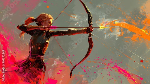 Focused Female Archer Aiming Her Bow in Dramatic, Dimly Lit Setting, Precision and Determination in Competitive Archery. Championship of Cinematic Athletic Excellence