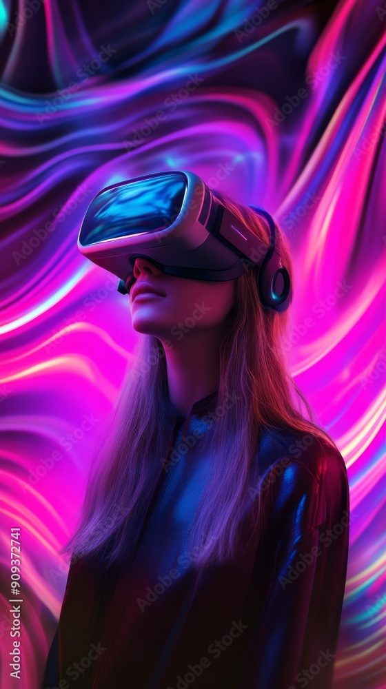 Woman wearing vr headset with neon lights, futuristic digital concept Woman wearing vr headset with neon lights, futuristic digital concept