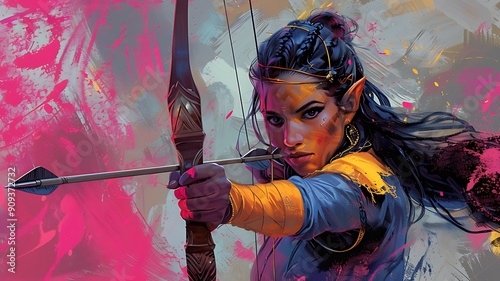Focused Female Archer Aiming Her Bow in Dramatic, Dimly Lit Setting, Precision and Determination in Competitive Archery. Championship of Cinematic Athletic Excellence