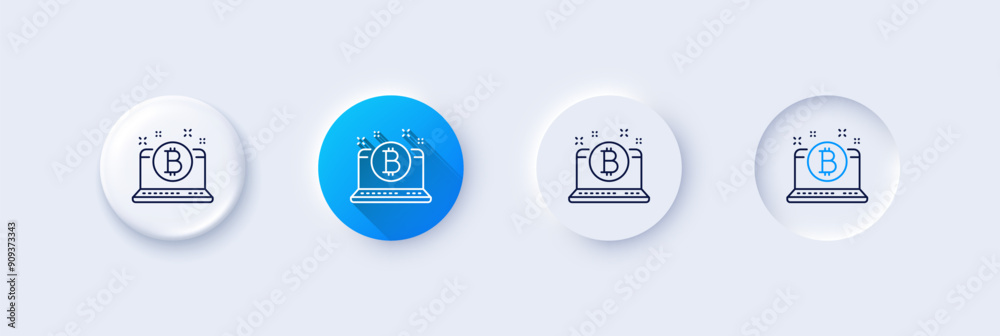 Bitcoin line icon. Neumorphic, Blue gradient, 3d pin buttons. Cryptocurrency coin sign. Crypto laptop symbol. Line icons. Neumorphic buttons with outline signs. Vector Bitcoin line icon. Neumorphic, Blue gradient, 3d pin buttons. Cryptocurrency coin sign. Crypto laptop symbol. Line icons. Neumorphic buttons with outline signs. Vector