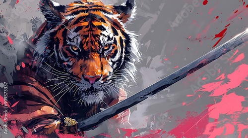cartoon illustration of a tiger samurai hold katana blade with pink background