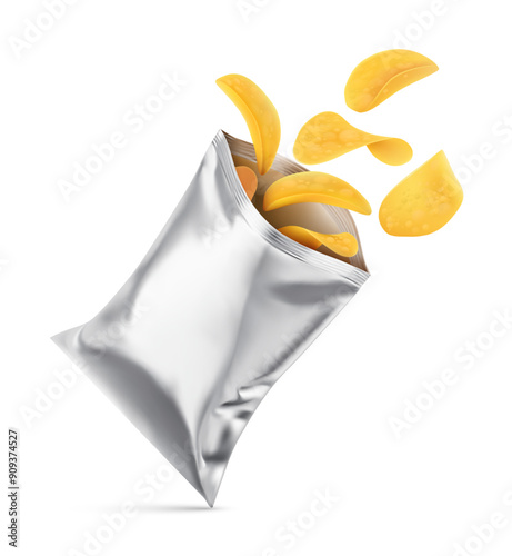 Metallic packaging with crispy potato chips flying out of the bag. Pack mockup for snack food refreshment. Isolated on white background. Vector illustration.