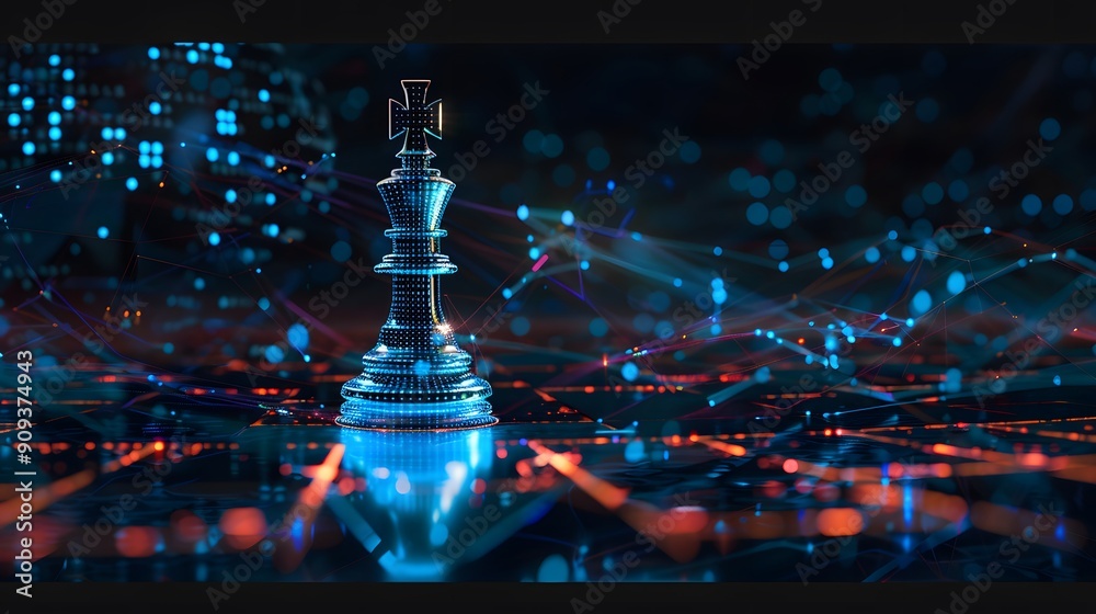 Cyber chess king with orange and blue neon lights on a futuristic board Cyber chess king with orange and blue neon lights on a futuristic board