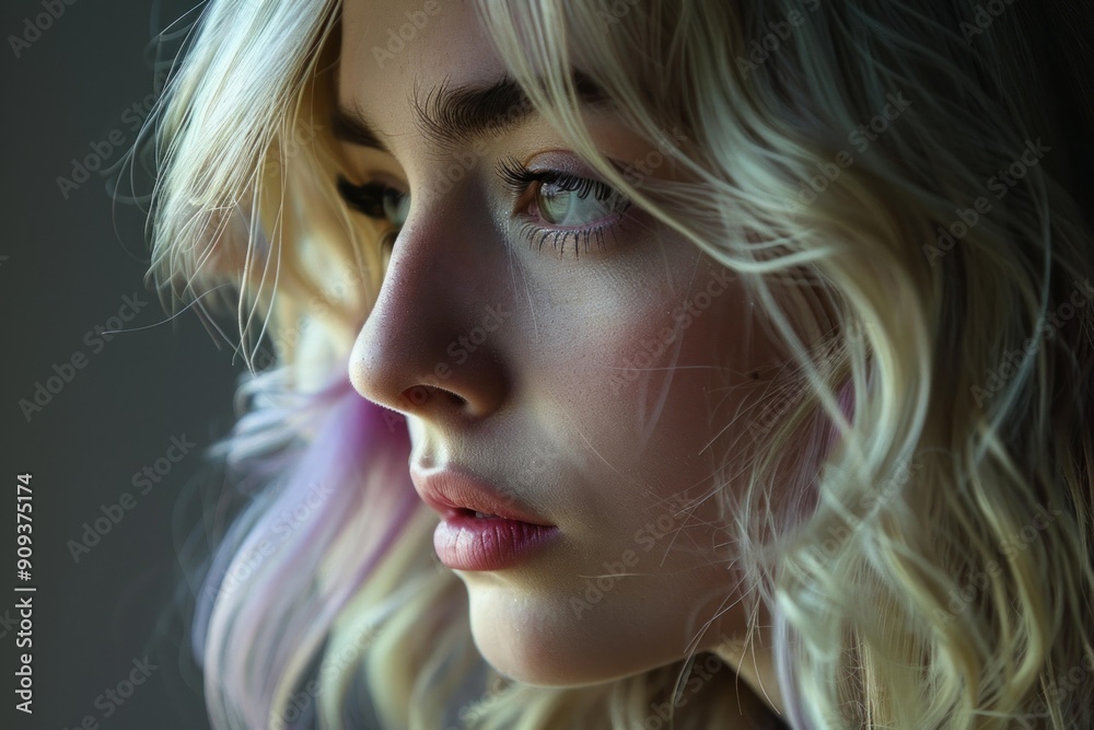 Portrait of a beautiful young woman with blonde wavy hair and pink highlights looking away from the camera Portrait of a beautiful young woman with blonde wavy hair and pink highlights looking away from the camera
