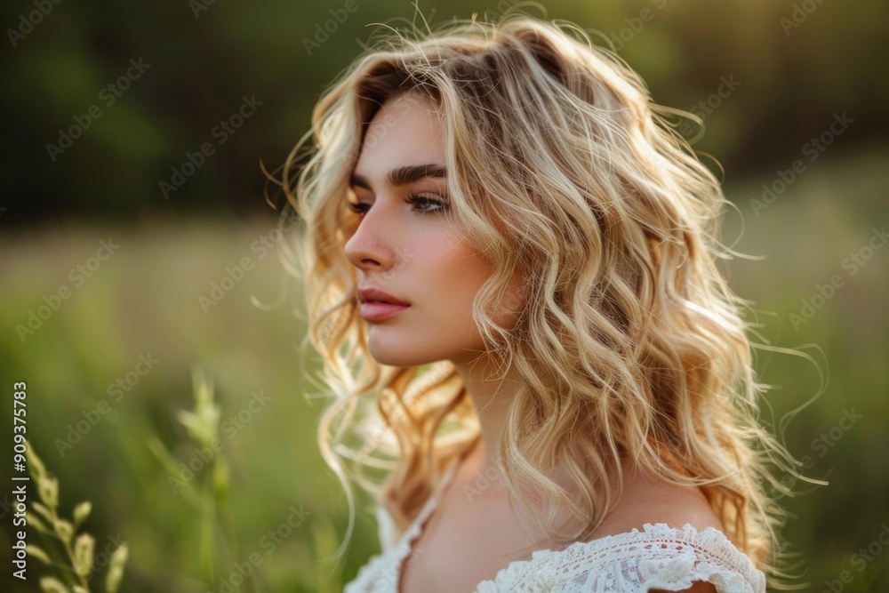 Beautiful young woman with long blonde curly hair enjoying the sunset in a field Beautiful young woman with long blonde curly hair enjoying the sunset in a field
