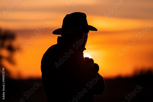 Silhouette of Photographer with Camera Capturing Sunset on Orange Sky Background for Stunning Nature and Landscape Photography Themes photo