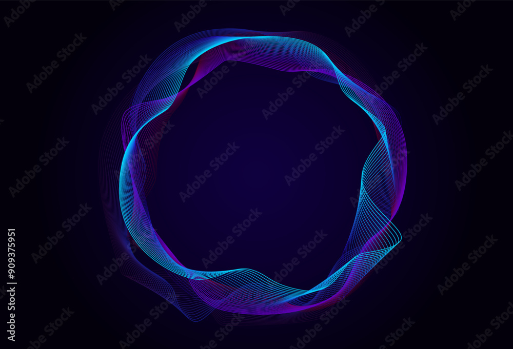 Dynamic sound wave circle expressing vibrant wave patterns in a dark background with neon hues and fluid motion. Abstract colorful line art design element in vibrant blue and purple colors.