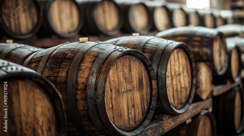 Close-up of Oak Wine Barrels in a Winery Cellar