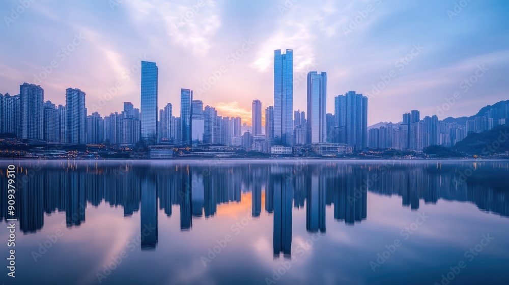 City Skyline Reflected in Still Water at Dusk City Skyline Reflected in Still Water at Dusk