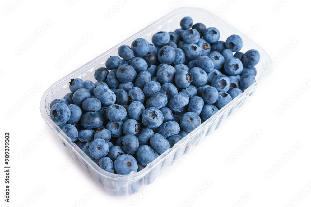 Fresh raw organic blueberries in transparent plastic container isolated on white background Fresh raw organic blueberries in transparent plastic container isolated on white background