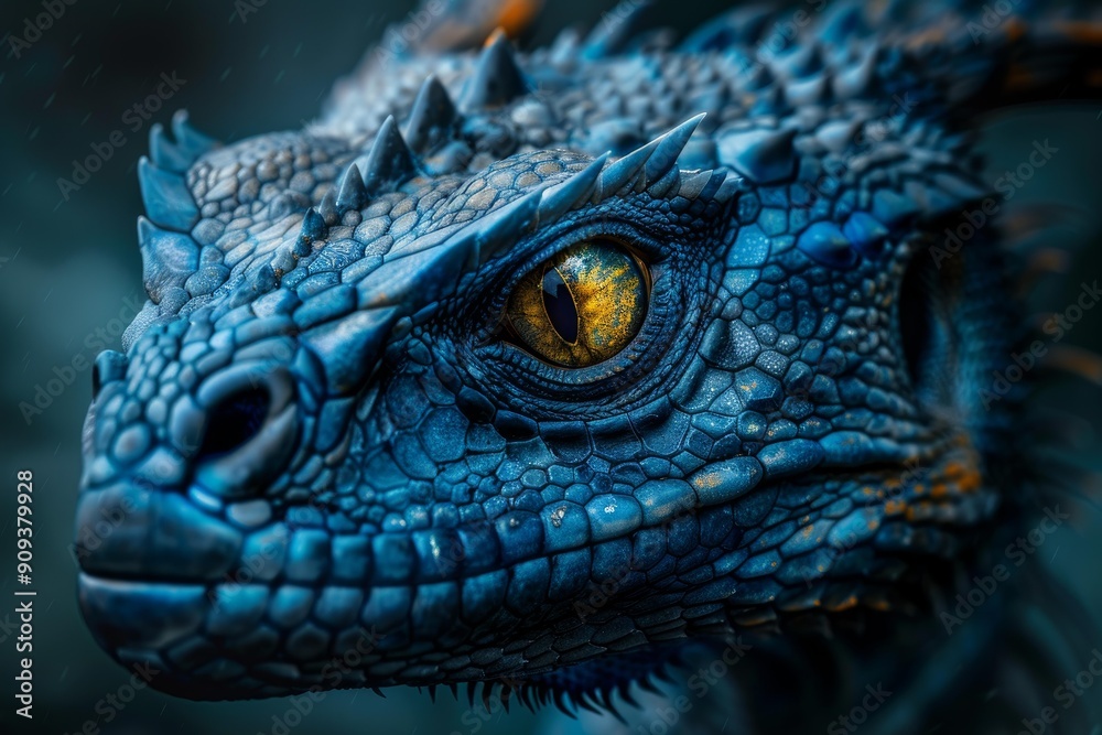 Fototapeta premium Blue dragon with yellow eyes staring intensely during a rainy day