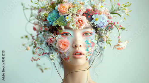 Portrait of a beautiful young and confident girl whose face and head are covered with fresh blooming flowers, on a simple monochrome background, with warm, gentle colors