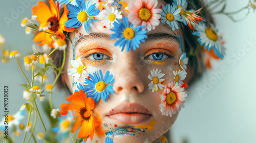Portrait of a beautiful young and confident girl whose face and head are covered with fresh blooming flowers, on a simple monochrome background, with warm, gentle colors
