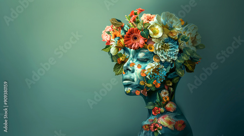 Portrait of a beautiful young and confident girl whose face and head are covered with fresh blooming flowers, on a simple monochrome background, with warm, gentle colors