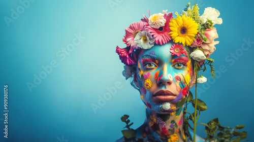 Portrait of a beautiful young and confident girl whose face and head are covered with fresh blooming flowers, on a simple monochrome background, with warm, gentle colors