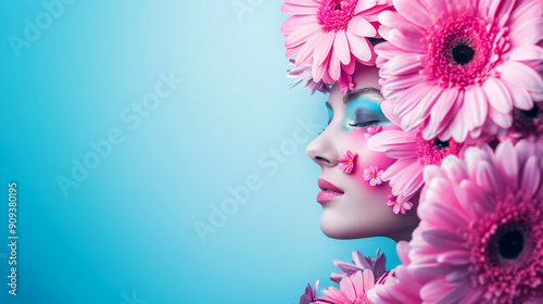 Portrait of a beautiful young and confident girl whose face and head are covered with fresh blooming flowers, on a simple monochrome background, with warm, gentle colors