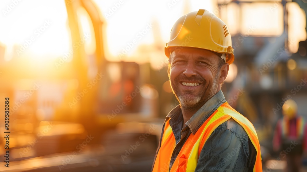 Smiling construction worker with yellow hard hat on a construction site at sunset Smiling construction worker with yellow hard hat on a construction site at sunset