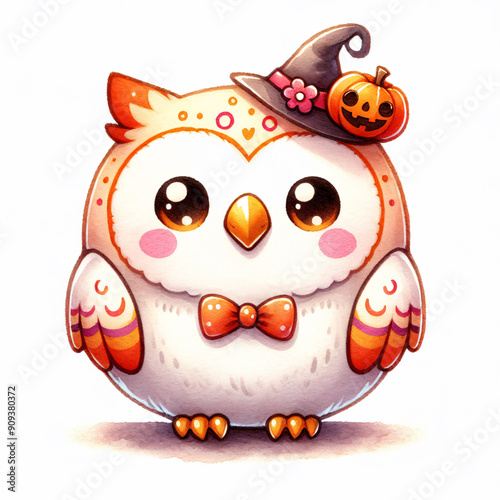 Cute Owl in Witch Hat with Pumpkin
Adorable illustration of a cute owl wearing a witch hat decorated with a pumpkin, featuring a bow tie and blushy cheeks.

 photo