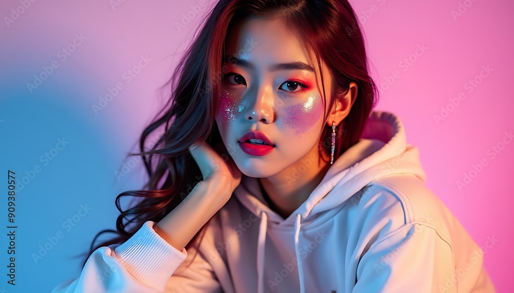 Young pretty Asian woman with glitter make-up wearing sporty fashion, white clothes, model posing isolated on a colorful modern pink and blue background, k-pop style Young pretty Asian woman with glitter make-up wearing sporty fashion, white clothes, model posing isolated on a colorful modern pink and blue background, k-pop style