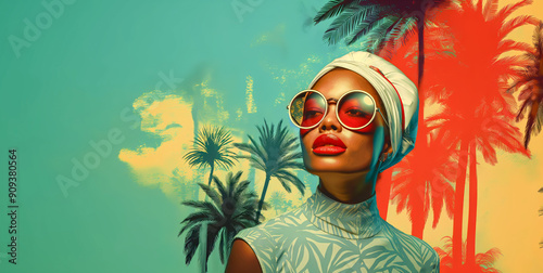 Creative portrait of a young, smiling, and confident girl with sunglasses, standing in front of a row of palm trees on a sunny day, in the spirit of the Mediterranean and summer days