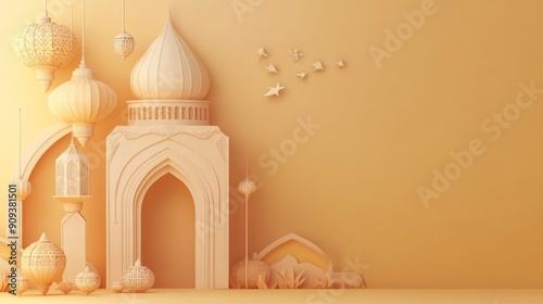 Islamic-Inspired 3D Render with Lanterns and Archway photo