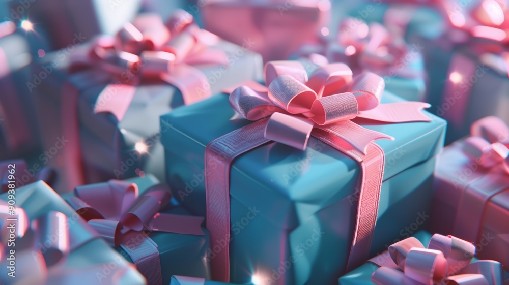 A collection of gift boxes wrapped in blue paper with bright pink ribbons A collection of gift boxes wrapped in blue paper with bright pink ribbons