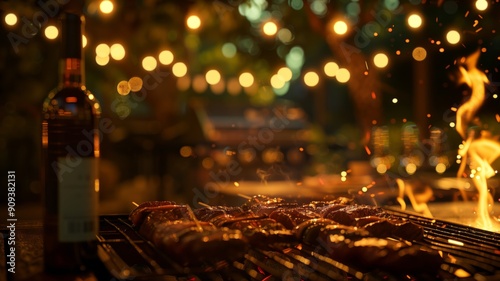 A flaming grill at an outdoor party with a bottle of wine and a glass beside it