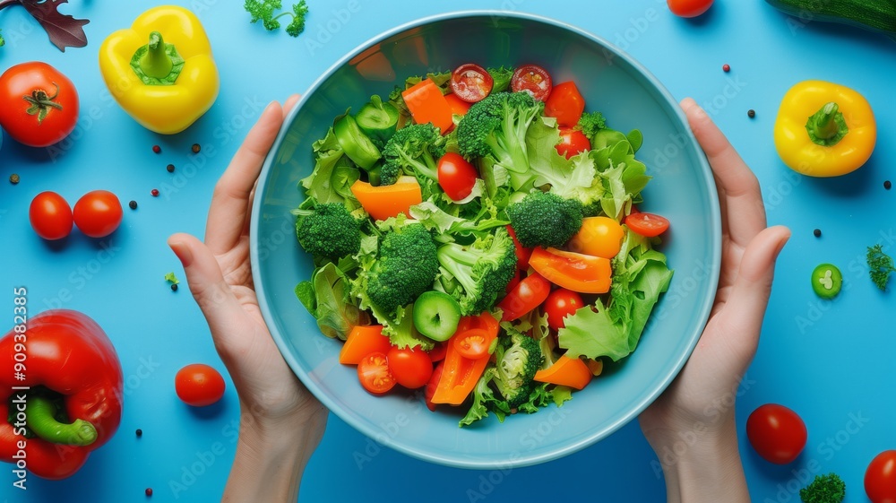A person mixing a colorful salad with broccoli, cherry tomatoes A person mixing a colorful salad with broccoli, cherry tomatoes