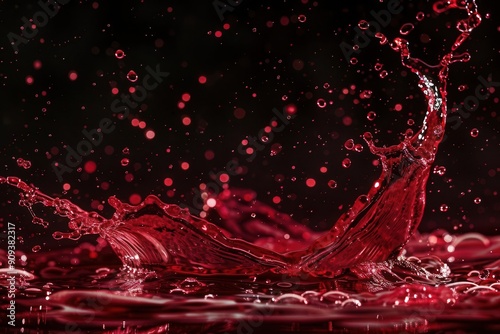 elegant red wine splash captured midmotion ruby liquid forming intricate shapes against dark background droplets suspended in air photo