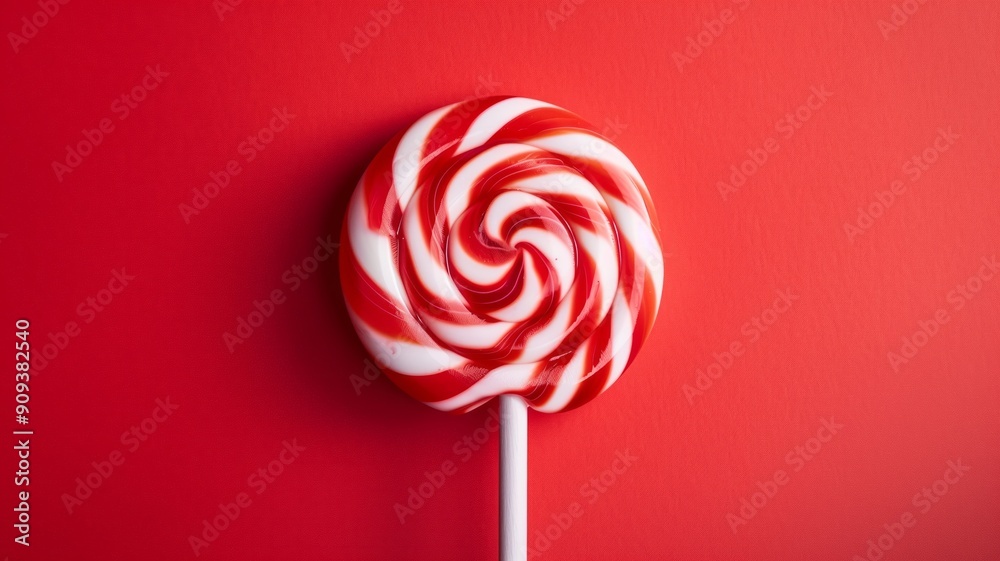 A red and white swirled lollipop against a vibrant red background A red and white swirled lollipop against a vibrant red background
