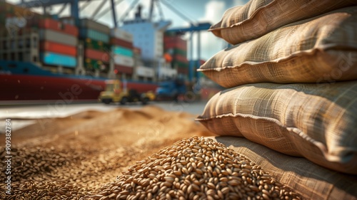 Stacks of grain sacks and a pile of wheat in front of a large cargo ship