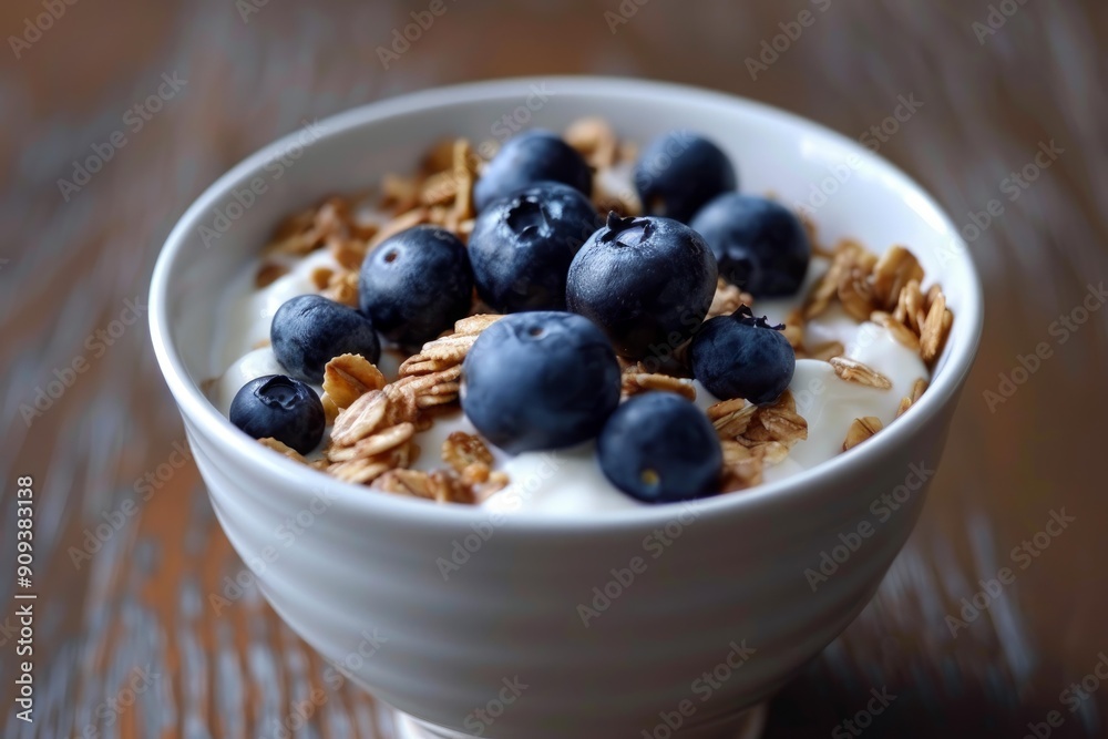 White bowl is filled with yogurt, blueberries, and granola, making for a healthy breakfast or snack White bowl is filled with yogurt, blueberries, and granola, making for a healthy breakfast or snack