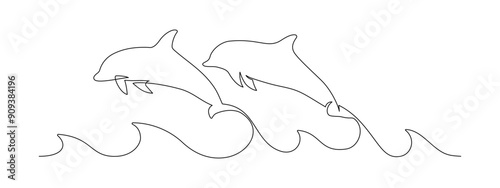 One continuous line drawing of couple of dolphin. Sea animal in wildlife in simple linear style. Summer concept in Editable stroke. Doodle contour vector illustration