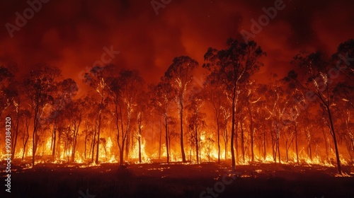 Forest Fire Engulfing Trees at Night