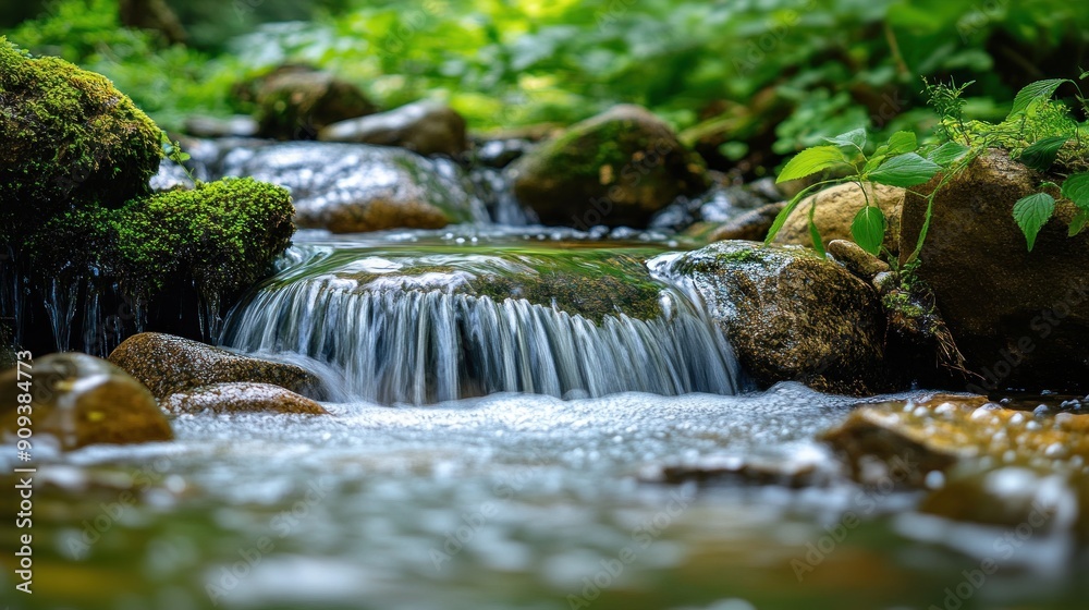 Tranquil Stream Cascading Over Moss-Covered Rocks in a Lush Forest Tranquil Stream Cascading Over Moss-Covered Rocks in a Lush Forest