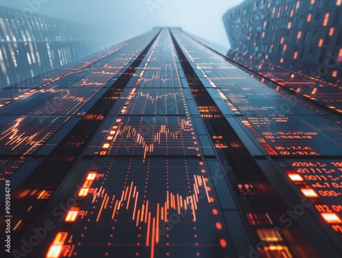 Low Angle Shot of Financial Statistics Upward perspective from the base of a highrise financial building displaying global finance statistics on digital screens, in a modern and impactful style