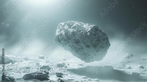 celestial wanderer detailed rendering of lone asteroid floating in stark white void textured surface subtle shadows sense of cosmic isolation photo