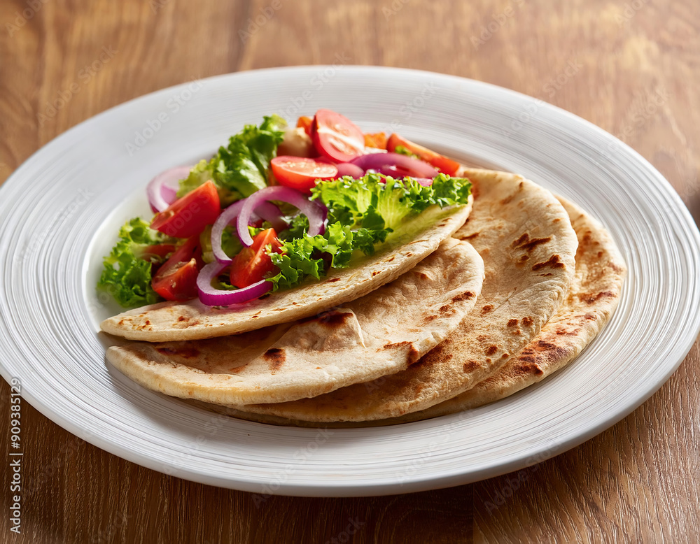 Appetizing baked chapatas with mixed salad of tomato onions and green lettuce served on white plate