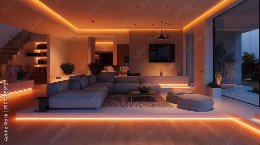chic living room bathed in warm led strip lighting modern furnishings and minimalist decor create an inviting atmosphere blending comfort with contemporary design chic living room bathed in warm led strip lighting modern furnishings and minimalist decor create an inviting atmosphere blending comfort with contemporary design