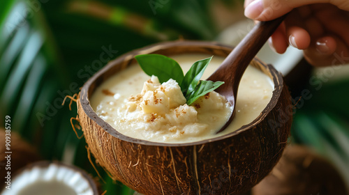 Tasty and stylish coconut soup served in a natural coconut bowl, with a decorative background of coconut and palm trees that adds a tropical charm to the dish. photo