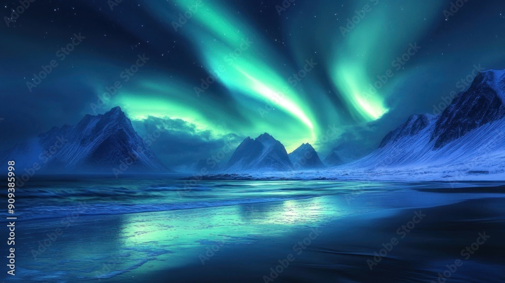 Aurora Borealis Display Over Snowy Mountains and Ocean Aurora Borealis Display Over Snowy Mountains and Ocean