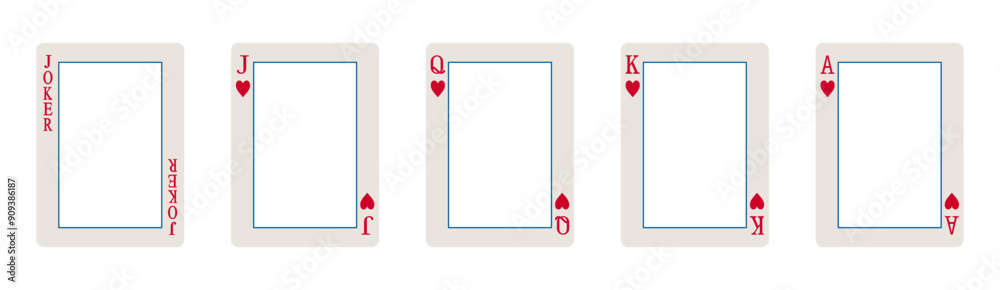 Set of high value hearts playing cards frames or borders including jack, queen, king, ace and joker in vector Set of high value hearts playing cards frames or borders including jack, queen, king, ace and joker in vector