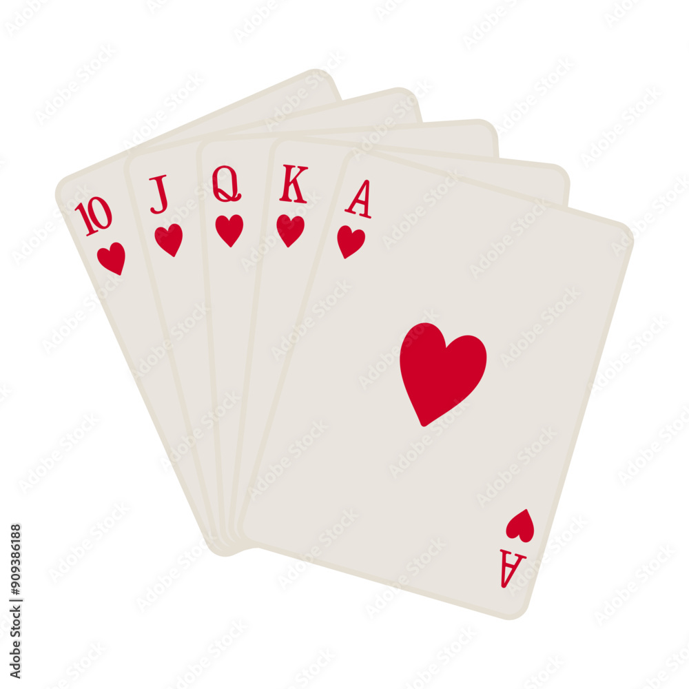 Obraz premium A hand of hearts playing cards including ten, jack, queen, king and ace to make a royal flush or straight flush in vector