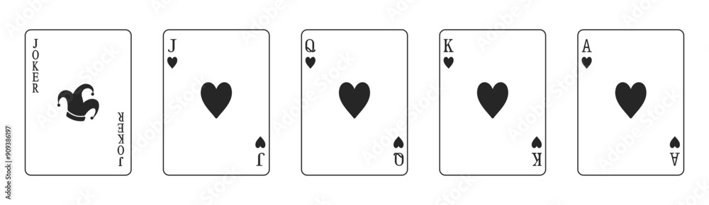 Φωτογραφία Set of high value hearts playing cards including jack, queen, king, ace and joke