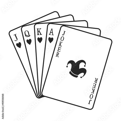 A fan of hearts playing cards including jack, queen, king, ace and joker in vector outline