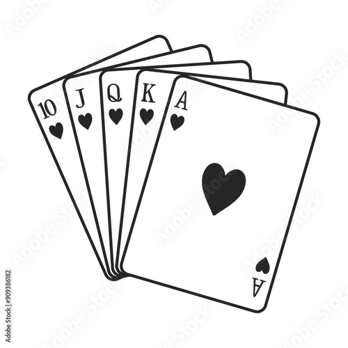 A hand of hearts playing cards including ten, jack, queen, king and ace to make a royal flush or straight flush in vector outline