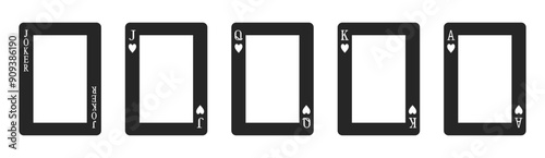 Set of high value hearts playing cards frames or borders including jack, queen, king, ace and joker in silhouette vector